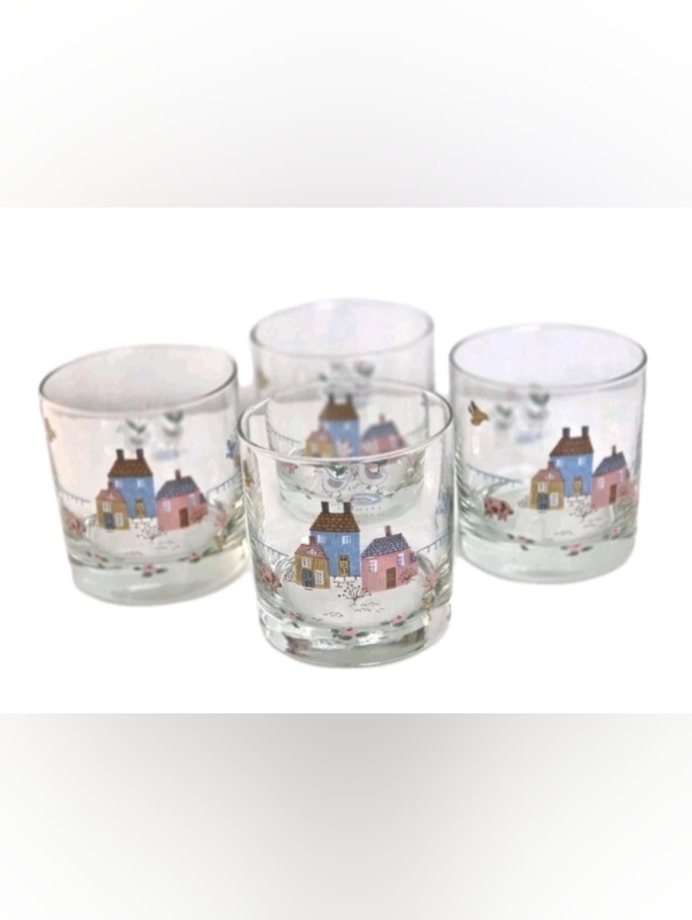 4 VTG INTERNATIONAL HEARTLAND Country Cottage Old-Fashioned Glass Tumblers Geese